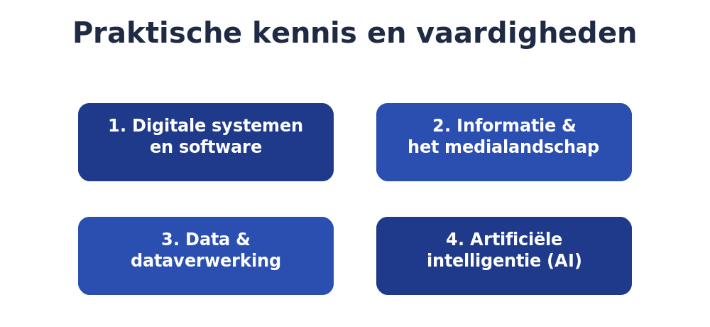 De vier onderdelen van praktische kennis en vaardigheden: digitale systemen, informatie en medialandschap, data, en AI - Eenmeesterinleren.nl