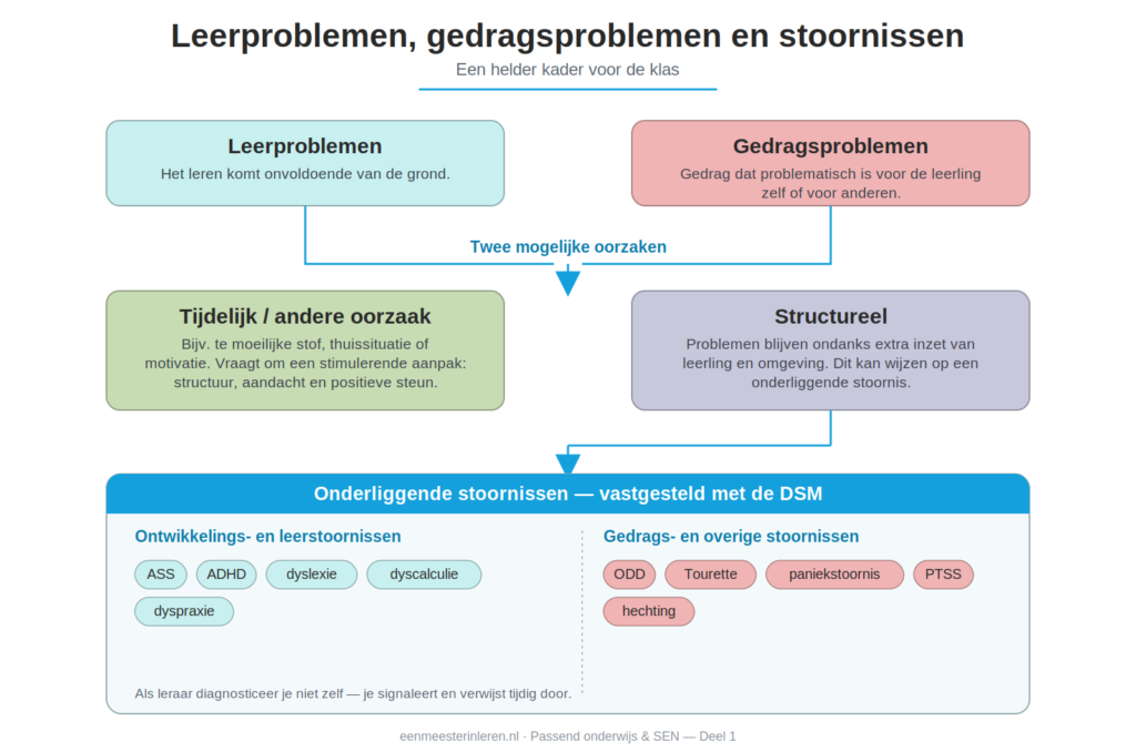 Schema: leerproblemen en gedragsproblemen kunnen tijdelijk zijn of structureel; structurele problemen kunnen wijzen op een onderliggende stoornis zoals ASS, ADHD of dyslexie, vastgesteld met de DSM.