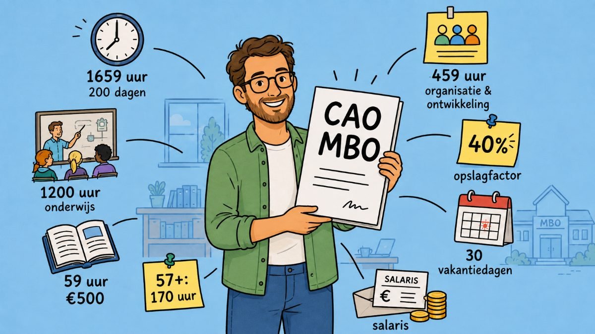 Illustratie bij de cao mbo: een docent houdt de cao omhoog, omringd door 1659 uur en 200 dagen, 1200 uur onderwijs, 459 uur organisatie en ontwikkeling, 40 procent opslagfactor, 30 vakantiedagen, 59 uur en 500 euro, en 170 uur vanaf 57 jaar