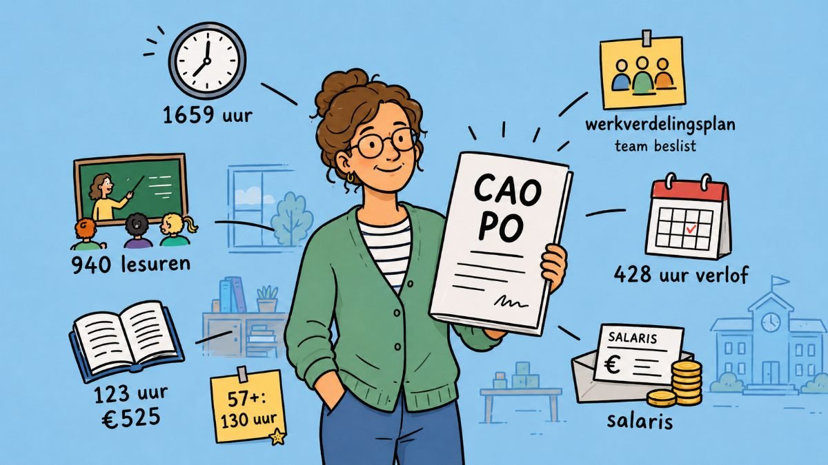 Illustratie bij de cao po: een leraar houdt de cao omhoog, omringd door 1659 uur, 940 lesuren, het werkverdelingsplan, 428 uur verlof, 123 uur en 525 euro, 130 uur vanaf 57 jaar en salaris