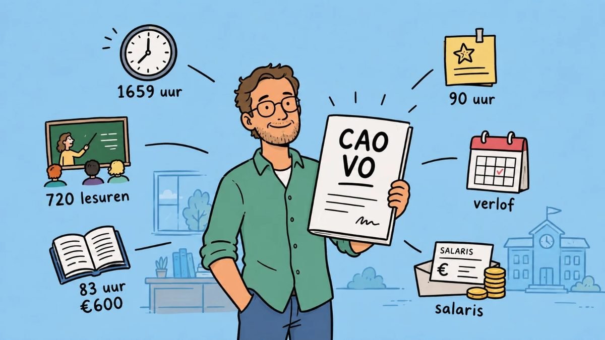 Illustratie bij de cao vo: een leraar houdt de cao omhoog, omringd door 1659 uur, 720 lesuren, 90 uur, 83 uur en 600 euro, verlof en salaris
