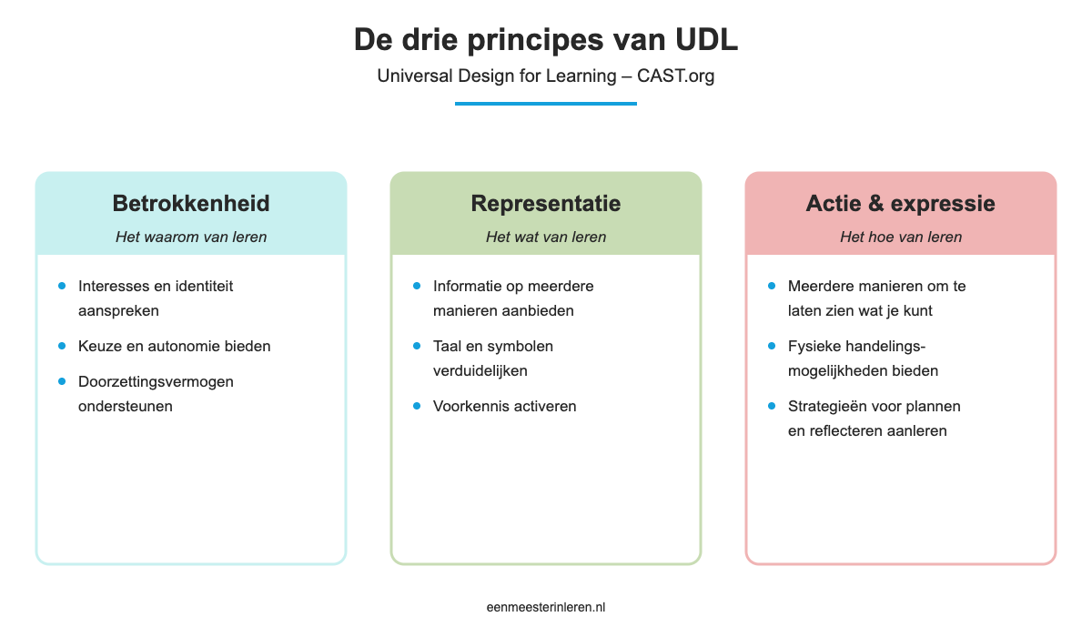 Schema van de drie principes van Universal Design for Learning: betrokkenheid, representatie, en actie en expressie