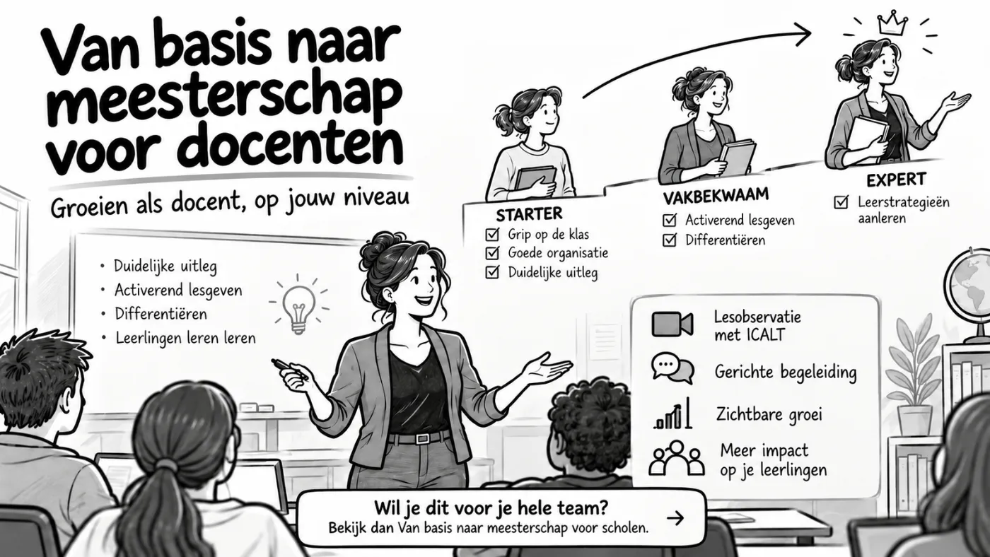 Schets van een docent die groeit van starter via vakbekwaam naar expert, met per niveau de docentvaardigheden en de onderdelen lesobservatie met ICALT, gerichte begeleiding en zichtbare groei.