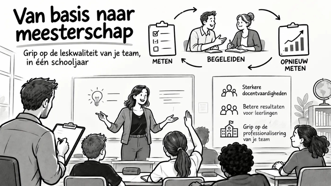 Schets van een observator in de klas en de cyclus meten, begeleiden en opnieuw meten, met als opbrengst sterkere docentvaardigheden, betere resultaten voor leerlingen en grip op de professionalisering van het team.